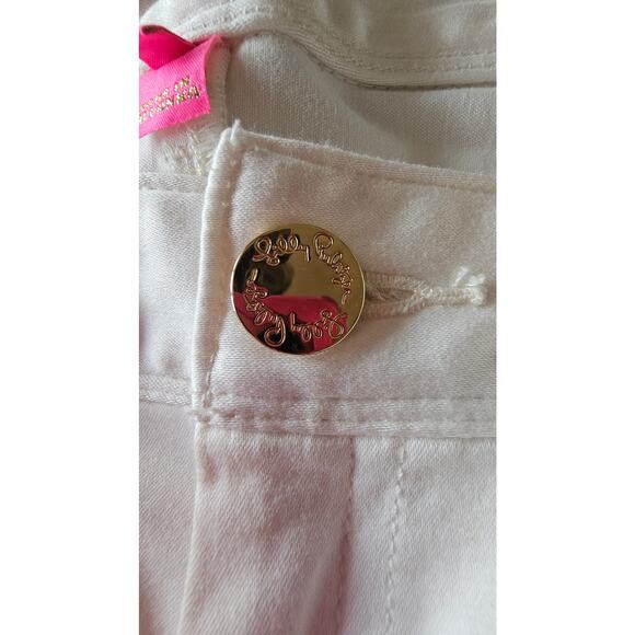 Lilly Pulitzer White Pants Jeans Gold Stud Trim. L emblem on back pocket, Sz 2 - Picture 6 of 10